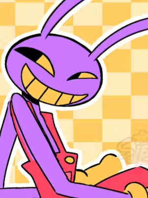 An illustration of a purple, cartoonish character with long antennae, a wide grin, and a red outfit, set against a yellow and white checkered background.