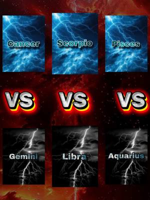 The image is a graphic comparing zodiac signs. It is split into three rows and two columns. The first row displays the text "Cancer," "Scorpio," and "Pisces" arranged in three vertical rectangles. This row is set against a background of blue with lightning bolts. The second row contains text overlaying text "VS," with yellow highlights. The third row has the texts "Gemini", "Libra", and "Aquarius" with each text over a different lightning/cloudy background. The background is a dark red gradient.