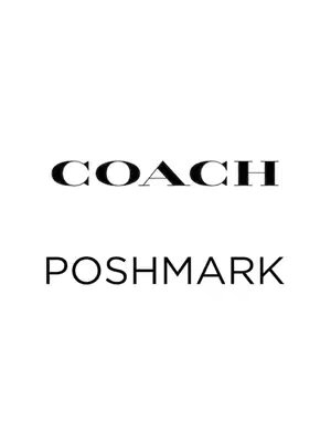 The image showcases a stark, minimalist design against a white background. Two text elements are prominently displayed: 'COACH' in a bold, serif font, and 'POSHMARK' in a similar font but slightly smaller and placed beneath the first. The Coach text is arranged in a curved manner. The composition uses a simple color scheme; everything appears in black.