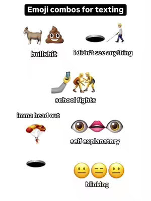 The image is a white background with a black border featuring several emoji combinations along with their interpretations. It shows a goat followed by a poop emoji (bullshit), a hole and a person with a cane (I didn’t see anything), a cellphone and two people fighting (school fights), a person and a parachute (imma head out), and three eyes and a mouth (self explanatory) and three emojis with neutral faces (blinking).