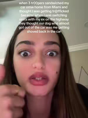 A selfie-style image of a woman with wide eyes and an open mouth, conveying surprise or shock. Her right hand is near her face, with a thumb pointing towards the viewer. Text overlays, likely the video transcript, surround her face.