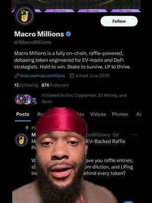 A man with a beard and a red durag is looking at the camera with an open mouth, likely speaking. Behind him is a dark interface displaying a Twitter or X profile for Macro Millions. Text overlays and profile details are visible.