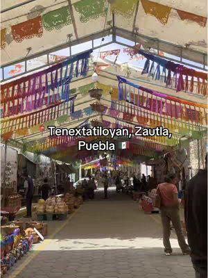A vibrant shot of a market or festival, with a canopy of colorful papel picado banners overhead. The scene is bustling with people, and the perspective looks down the aisle, with shops and stalls lining both sides. The overall tone is festive and lively.