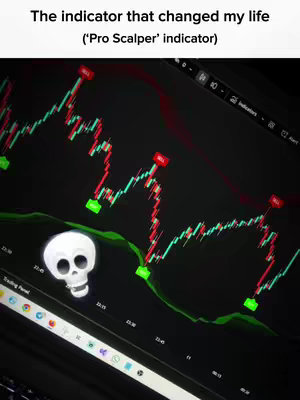 The cover image shows a laptop screen displaying a trading chart within the TradingView interface. The dominant colors are black, green, and red, indicating the market’s movements. Green signifies upward trends, while red indicates downward trends. The chart has lines and indicator marks suggesting buy or sell signals. A skull-shaped graphic is subtly positioned in the lower-left corner, adding a touch of dark humor to the professional setting.