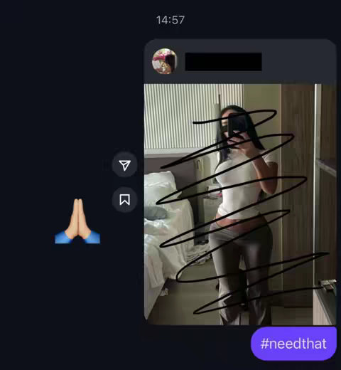 A screenshot of a texting conversation with the profile of a woman visible, showing a selfie of a woman with the reflections of a mirror with some text added and visual effects overlayed.