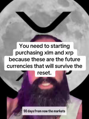 The image features a man with a long beard and long, dark hair against a background of a blurred image of the moon and a black stylized 'X' symbol. White text overlays block out the message suggesting purchase of certain crypto currencies.