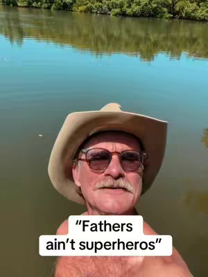 Selfie-style image of a man in a cowboy hat and sunglasses in a lake, with text overlayed.