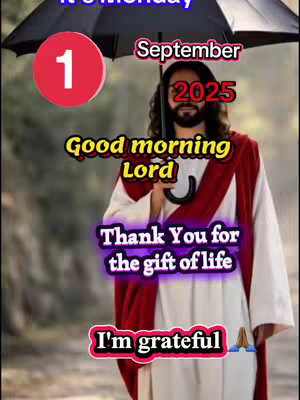 The cover image features a religious figure, presumably Jesus, holding an umbrella. The image is styled with text overlays, including the date 'September 2025' atop the image and some religious phrases. The color palette includes the colors white, red and gold.