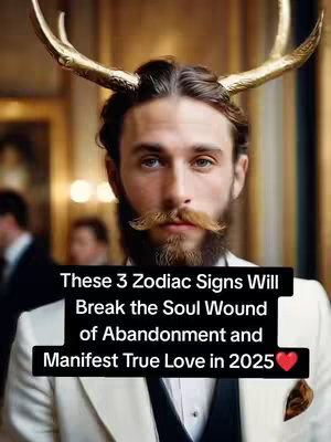 A vertical image featuring a man with shoulder-length, dark hair and a thick mustache wearing a white suit with a black shirt underneath. He has golden antlers on his head. The text overlay reads 'These 3 Zodiac Signs Will Break the Soul Wound of Abandonment and Manifest True Love in 2025❤️'