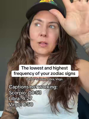 A woman with long wavy brown hair is facing the camera with her right hand raised. She is wearing a black hat and a white tank top. Overlay text in a white rectangular box reads: "The lowest and highest frequency of your zodiac signs." and underneath text about the video chapters.