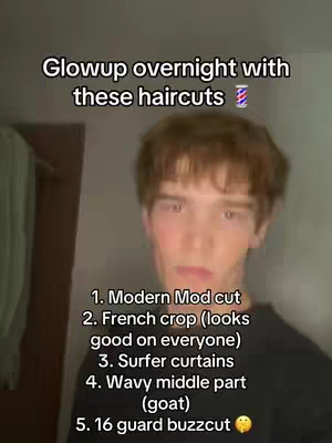 A young man with reddish-brown hair stands against a light-toned background. overlaid on the image in white text are a list of five haircuts.