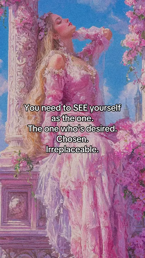 A romantic, digitally painted image with a female figure in a flowing pink dress. She's leaning against a decorative column adorned with floral arrangements, her face tilted upwards with a blissful expression. The sky is visible, rendered in soft blues with some fluffy clouds. The composition has a dreamy, artistic quality.