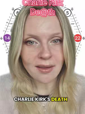 The cover image features a fair-skinned woman with long blonde hair, centered in the frame. Above her head, text overlays read "Charlie Kirk De@th," while a yellow box at the bottom reads "CHARLIE KIRK'S DEATH." A complex hexagonal diagram is behind the woman's head. The woman is looking slightly to her side and her mouth is open, as if she might be speaking. The image is composed of a combination of the woman's face, superimposed text and geometrical illustrations, using a soft color palette.