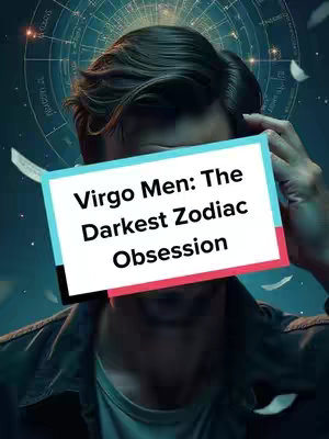 The cover image features a man with dark hair, partially obscuring his face with his hand. Behind him is a blurred, teal-colored background with a celestial design and scattered white feather-like elements. A rectangular text overlay has a white background with black text reading, 'Virgo Men: The Darkest Zodiac Obsession' and red border.