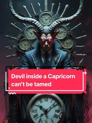 The cover image features a devilish figure in a suit, portrayed to represent a Capricorn. The figure has horns, red eyes, and stands as the central focus against a backdrop of clocks and a dark background. The main figure is wearing a suit; a text overlay across the middle of the picture features the caption in a red box.