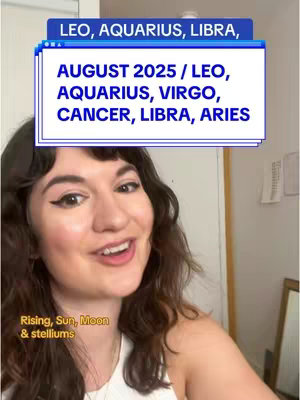 A woman with light skin and dark hair, wearing minimal makeup, poses for a selfie. Her face takes up most of the frame, with a slightly blurred background showing a plain wall and a glimpse of a mirror and door. Overlaid are graphic elements in blue and white boxes that display words relevant to the video's content, and with the text Rising, Sun, Moon & stelliums at the bottom.
