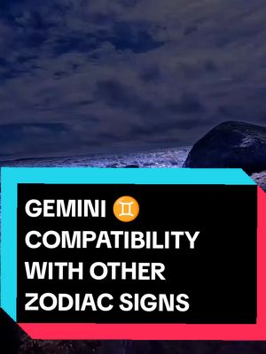 A vertical video cover with a dark gradient background transitioning from dark blue to a light blue. The main element is a rectangular box with the text 'GEMINI' above 'COMPATIBILITY' and then 'WITH OTHER ZODIAC SIGNS' in white, sans-serif font. A Gemini symbol is on top, inside a yellow circle. The box has a bright blue top, a black middle section, and a red bottom edge.