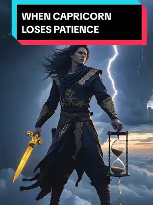 A digital artwork depicting a male figure with long hair, dressed in black and gold attire, holding a golden sword in one hand and an hourglass in the other. The background shows a stormy sky with lightning, suggesting a dramatic or powerful theme. The overall color palette is dark and dramatic, emphasizing the figure and the lightning.
