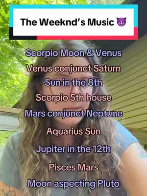 The cover image features a woman in the center of the frame, against a blurred green background, possibly nature. A text overlay at the top reads "The Weeknd's Music" with devil horns emoji. Below the title, lists of astrological placements are stacked, with a gradient color scheme, and the woman is centered with the overlay text adding context. The overall composition suggests the video content relates astrology to music.