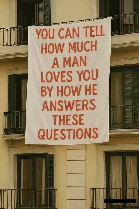 A photograph of a building facade with balconies and windows. A large white banner with red text hangs from the building, with a message about love and relationships. The building is a pale yellow with dark green shutters on the windows and dark iron balconies.
