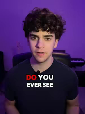 A young man with curly hair is centered in the frame, looking directly at the viewer. Text overlays in the lower section read, 'DO YOU EVER SEE' in a bold, white font with a red accent that enhances the contrast.. The background is a gradient of purple hues. A dark t-shirt is worn by the man. A dark microphone is placed visibly close to his mouth.