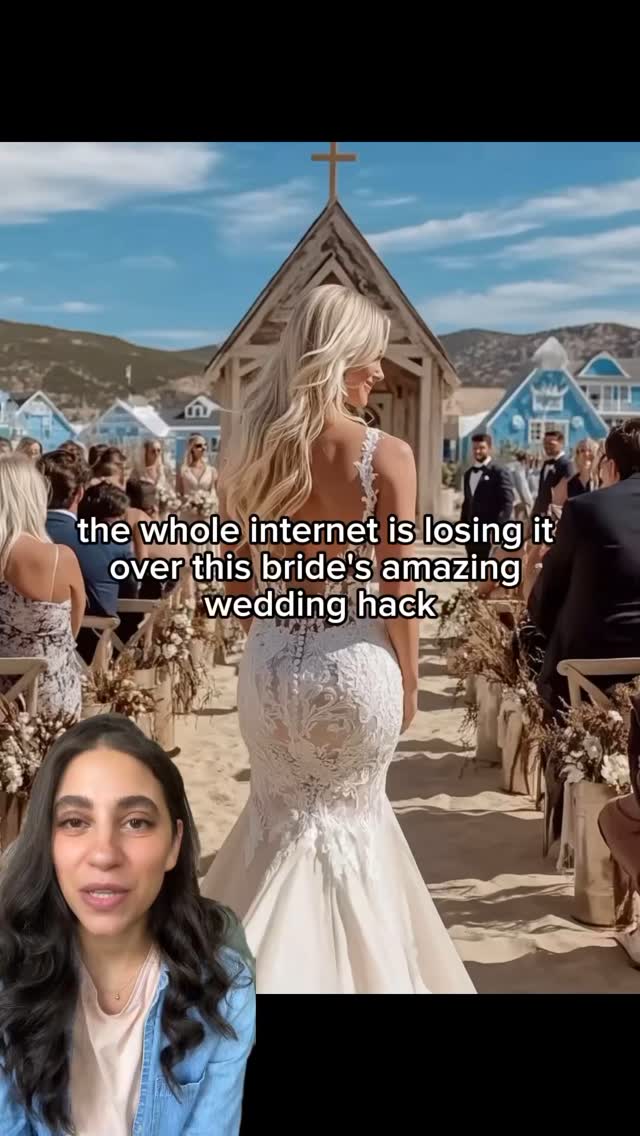 The cover image features a bride in a wedding dress from the back. She has long blonde hair and is standing in an outdoor ceremony setting with guests and a chapel with a cross on top. The creator’s face appears at the bottom portion of the image.
