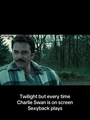 The cover image shows a still from the movie Twilight, featuring a man with a mustache, likely Charlie Swan, in a plaid shirt. Text placed to the bottom describes a game to play while watching the movie.