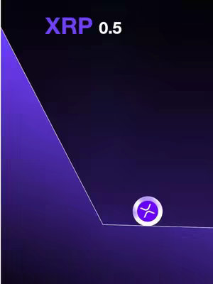 The image depicts a downward sloping purple gradient leading to a small flat plane on which a silver coin with a circular symbol is balanced, with the text 'XRP 0.5' at the top left.