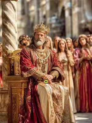 A regal image portraying King Solomon seated on an ornate throne. He wears a golden crown, an elaborately embroidered robe, and holds a scepter. A group of women, presumably the wives and concubines, stand in the background, their features blurred to maintain focus on the king. The scene is bathed in a soft, warm light, suggesting a royal court setting.