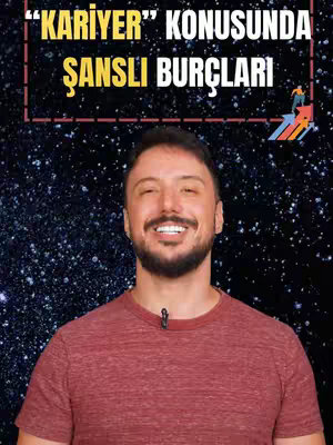 A man with a beard smiles directly at the camera, set against a dark, starry sky background. In the upper left corner, text in yellow font is within a black and red rectangular box. A small graphic of a person climbing up a colorful arrow is on the upper right side. The man is wearing a red t-shirt.