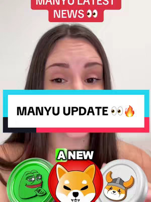 A woman is centered in the frame, with text overlays above and below her. The top overlay is a red banner with white text, and the bottom overlay is a rectangular banner with a color gradient and white text. Below these banners, there are cartoon-style images of different meme coin logos.