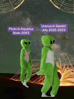 The image shows two figures in green alien costumes. Text boxes indicate astrological events. The setting is a dark night sky with a galaxy and sparks.