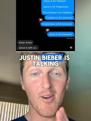 The cover image features a split-screen layout. The top half displays a black background with white text messages appearing as if a conversation. The bottom half shows the face of a fair-skinned man with light red hair. Text at the top of the bottom half says, 'JUSTIN BIEBER IS TALKING'.