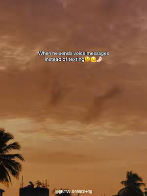 The cover image shows a sunset or sunrise with a sky full of orange and yellow hues. Silhouettes of buildings and palm trees are at the bottom, and text overlayed at the top reads, "When he sends voice messages instead of texting" with emojis.