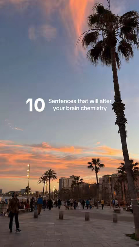 The cover image shows a scenic outdoor view at sunset or sunrise. The sky has orange and purple hues, with palm trees silhouetted against it. In the foreground, there's a walkway with people walking, with buildings in the distance. Text overlays are placed in the sky with the number 10 and a sentence.