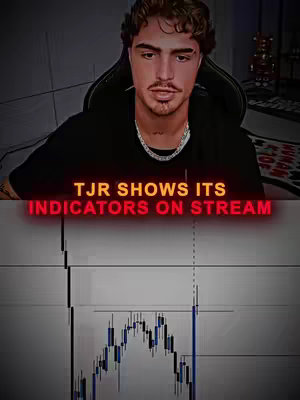 The cover image features a man in a black shirt, possibly a streamer or content creator, in front of a chart display. Red and orange text overlays state "TJR SHOWS ITS INDICATORS ON STREAM." The bottom portion of the image displays a technical chart with candlestick patterns and horizontal lines, implying a focus on financial analysis or trading. The lighting is somewhat dim with a focus on the person and the overlaid text.