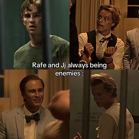 The image is a montage of four screenshots from the TV show "Outer Banks". The screenshots are arranged in a 2x2 grid layout. From left to right, the top row shows a close-up of two male characters in different scenes with different expressions. The bottom row continues with the characters with other different expressions. There is white text overlayed at the center of the grid.