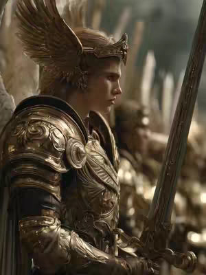 A side profile of a person in golden armor holding a sword, their gaze directed to the right. The armor is detailed with intricate designs. Behind them are other figures, also in armor, suggesting a battle scene. The overall color palette is gold and earth tones, with a focus on light and shadow.