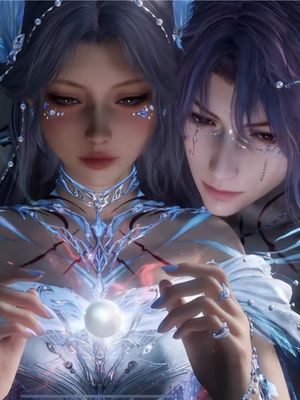 A digital artwork featuring two anime-style characters. A woman with flowing silver hair and intricate facial jewelry is in the foreground, with a man in the background. The woman is gazing down, with her hands cupping a glowing orb. The man is behind her, also gazing down with a look of focus and curiosity. The overall color palette is cool, with primarily blues and silvers. The layout shows the woman more up close and centered, and the man slightly behind her, creating depth.