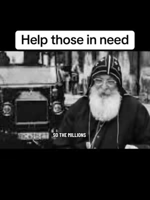 A black and white still image featuring a man with a long white beard and glasses, wearing a dark robe and a cap, standing next to a vintage car; overlaid text reads "Help those in need".