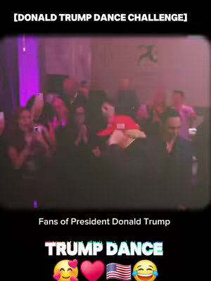 A video cover image shows a group of people dancing in a venue with purple and pink lighting. The text overlay says '[DONALD TRUMP DANCE CHALLENGE]' at the top and 'TRUMP DANCE' with emojis at the bottom. The video seems related to Donald Trump with people in the background.