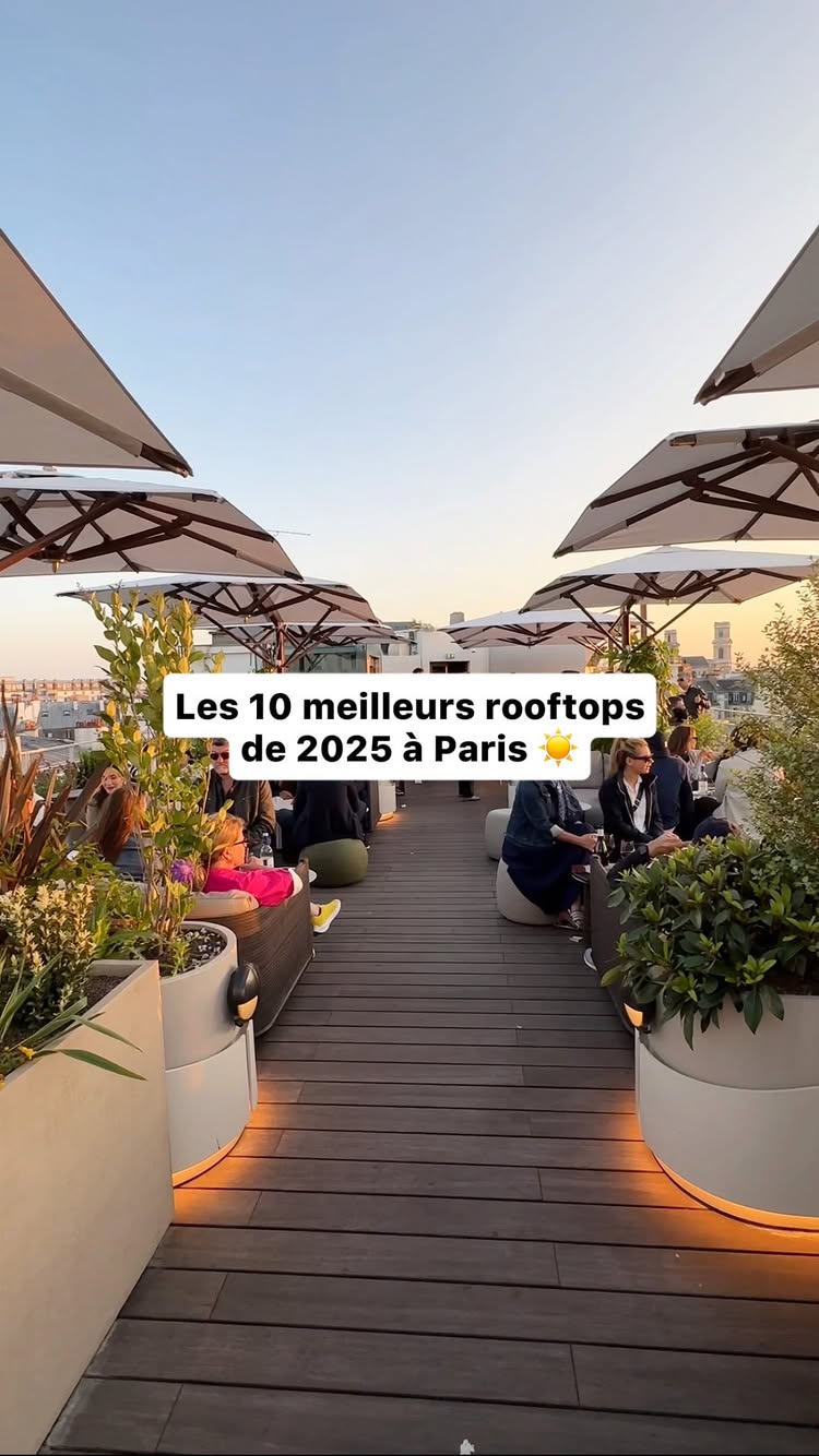 A rooftop scene at dusk, with a view of city buildings and a partially visible skyline. The foreground includes several people sitting at tables with umbrellas, and decorated with plants. The overall ambiance is warm and inviting, suggesting a relaxing outdoor dining or social event.