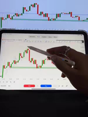 A person's hand with rings on two fingers, is holding a stylus pointing at a tablet screen. The screen displays a chart of green and red candlestick graphs. The background shows a similar financial chart on a larger screen. The tablet is on a dark surface.