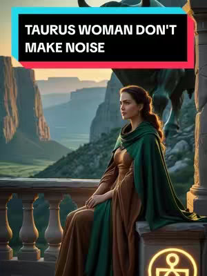An illustration of a woman dressed in a flowing brown and green dress seated on a stone structure with carved details. In the background is a scenic view of mountains and a cloudy sky. On top of the image, a text overlay says 'TAURUS WOMAN DON'T MAKE NOISE'.