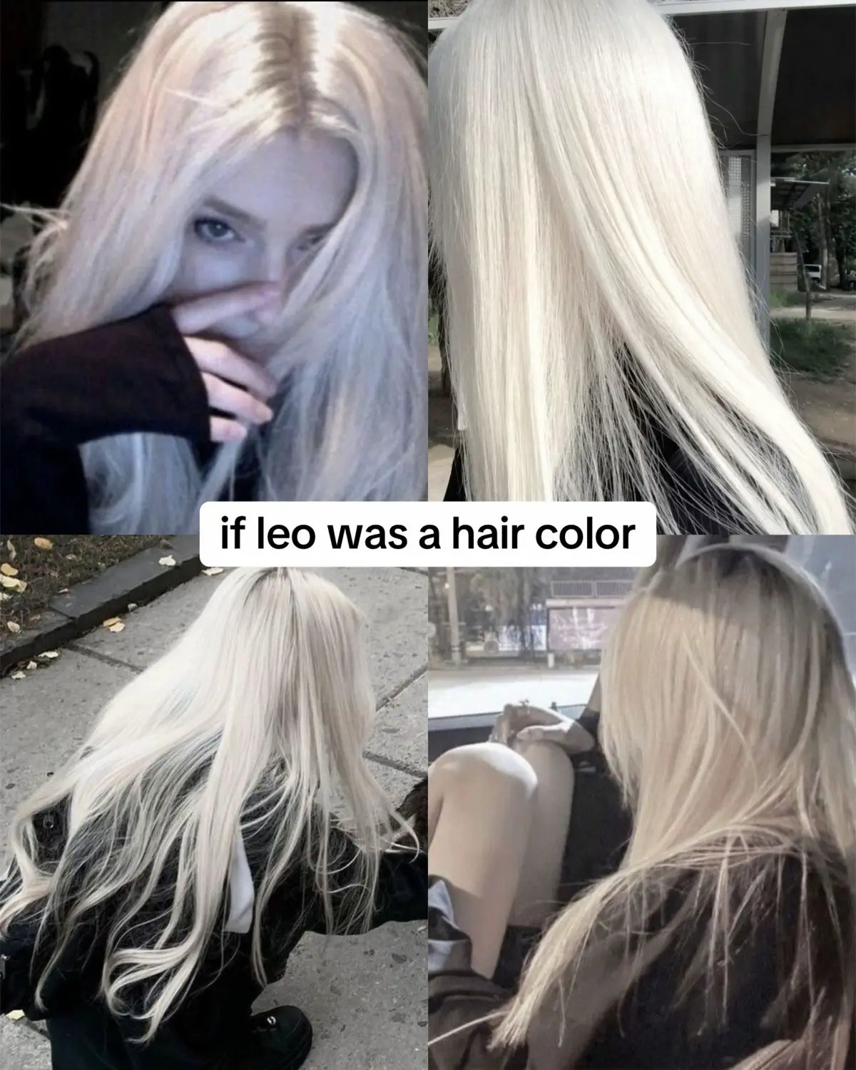 A collage of four images featuring a person with long, straight, platinum blonde hair. The top left shows a close-up with the person partly covering their face. The top right image shows a side view of the hair. The bottom left shows the back of the person walking, and the bottom right shows the person in a car.