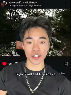 A selfie-style video cover features a young man with dark hair and a silver chain necklace, positioned at the center. A background image, partially visible behind his head, depicts nature and foliage. The overlay shows text mentioning "Taylor Swift" and "Travis Kelce".