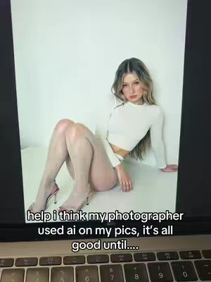 A woman in a white top and leggings sits on a white surface, with a laptop in the foreground.  The woman has long hair and is looking at the camera. The background is a plain white wall. Text is overlayed on the image.