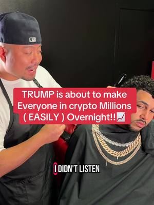 The image shows two men in a barber shop. The man on the left, wearing a black baseball cap and white t-shirt, is holding a trimmer and appears to be speaking. A red speech bubble is overlayed with text in a white font over the other man, who is sitting in a chair with a black sheet around him, and is wearing heavy gold chains and looking down. At the bottom left side, the text "I DIDN'T LISTEN" is written in a black font. The background is a plain black color.