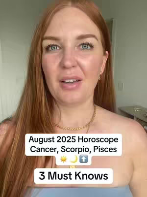 A woman with long auburn hair is centered in the frame, looking directly at the camera with a slight smile. She is wearing a gold necklace. Overlayed on the image are white boxes containing text about a horoscope for Cancer, Scorpio, and Pisces.