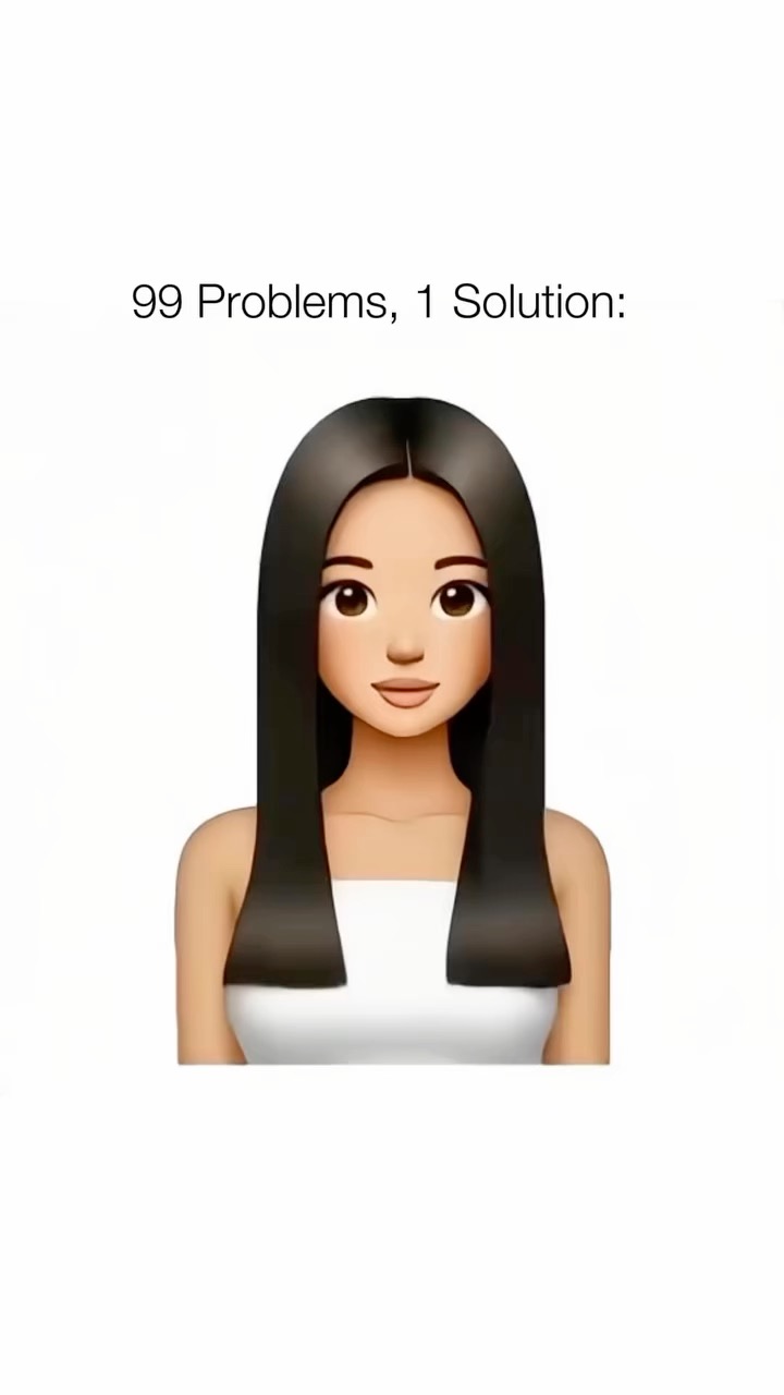 An emoji-style illustration of a person with long black hair, a white top against a white background.